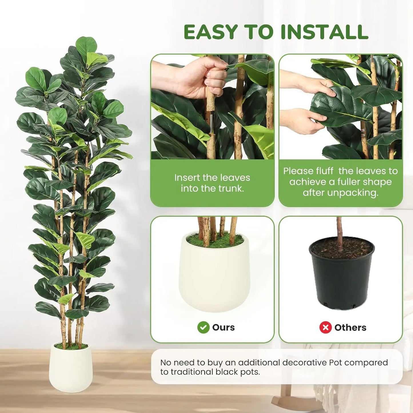 5/6/7 FT Artificial Fiddle Leaf Fig Tree with Pot Faux Trees with Artificial Plants Fiddle Leaves Greenery Fake Tree for Home
