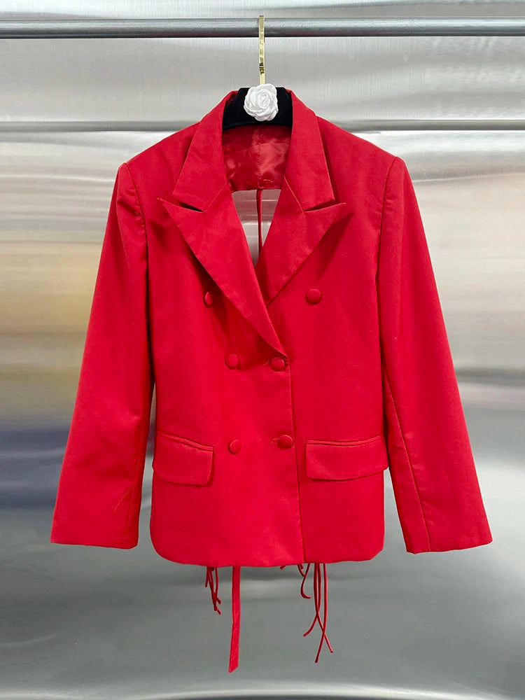 VGH Minimalistische Patchwork-Blazer mit Kordelzug für Damen, Revers, lange Ärmel, rückenfrei, ausgeschnittener Blazer im weiblichen Stil