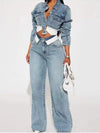 Streetwear Denim 2 Piece Sets Women Outfit Autumn Clothes Women Long Sleeve Jean Short Jacket Straight Jeans Pant Sets Tracksuit