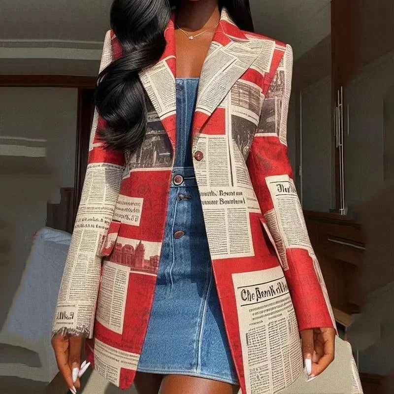 Yeezzi Damen Blazer mit gekerbtem Revers 2025 Neu Frühling Langarm Fashion Zeitungsdruck Urban Casual Streetwear Oberbekleidung
