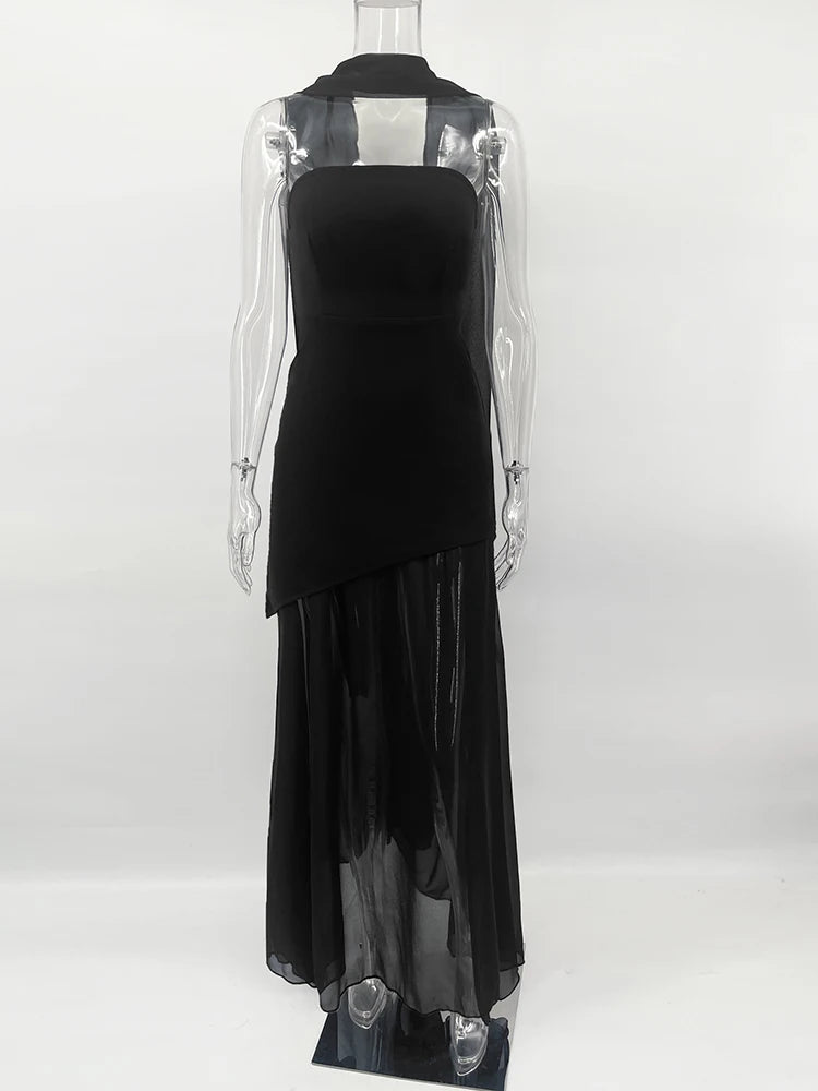 TARUXY Mode Trägerloses Kleid mit Band Frauen Elegantes Ärmelloses Mesh Strand Urlaub Langes Kleid Frühling 2025 Neues Damenkleid