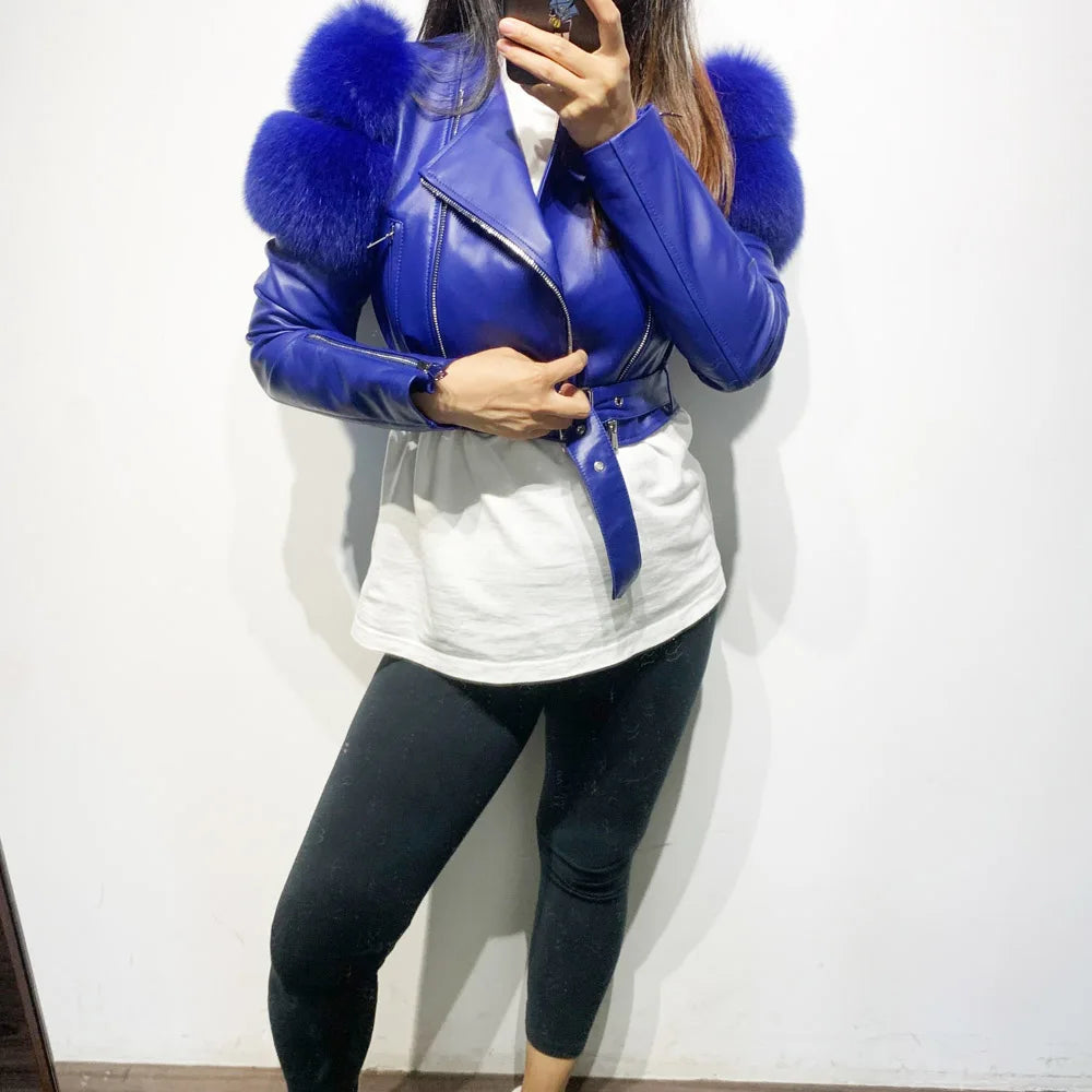 GO BALLISTIC YA Ladies' Genuine Leather Jacket with Fur Sleeve Women's Natural Lambskin Outfit