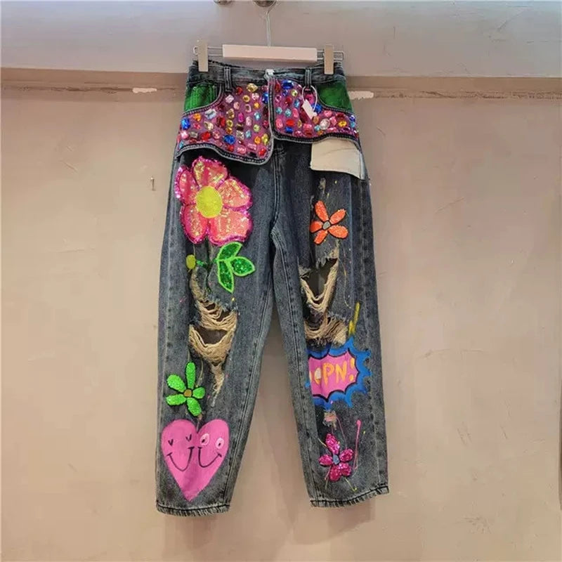 Fashion Rhinestone Washed Ripped Graphic Jeans Street Style Women's Denim Pants High Waisted Beaded Sequin Straight-Leg Jean