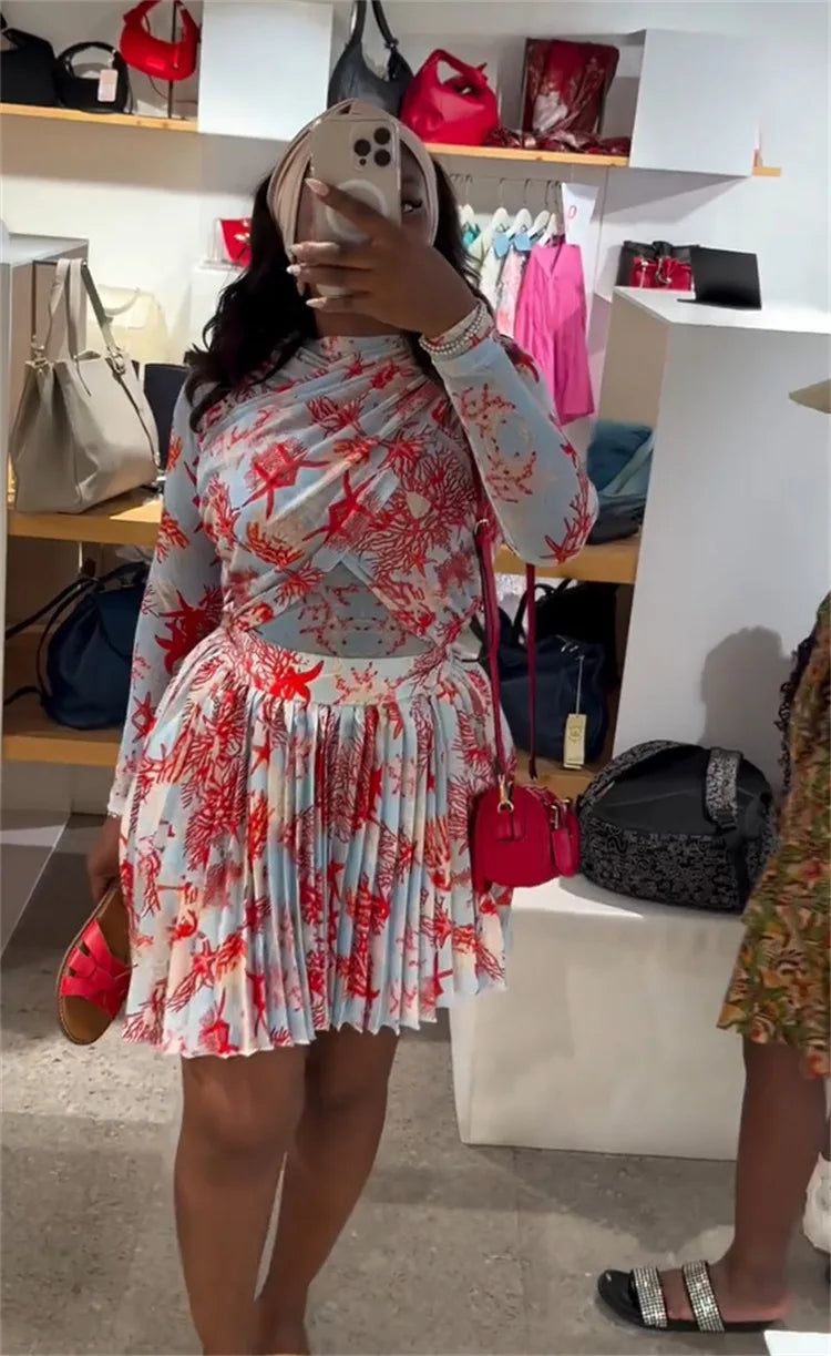 Women Two Piece Sets Shorts Skirt Set Full Sleeve Print Top Short Skirts A Line Pleated High Waist Y2k Streetwear Elegant Autumn