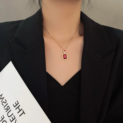 DIEYURO 316L Stainless Steel Square Green Red Zircon Pendant Necklace For Women Classic Luxury Girls Jewelry Chain Birthday Gift