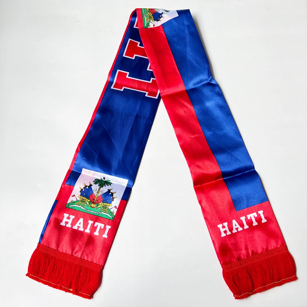 2026 Haiti  NorwayCountries Flag Scarf14x135cm Double-sided Printed Satin Haiti Flag Scarf Tassels Suitable for Football, Sports