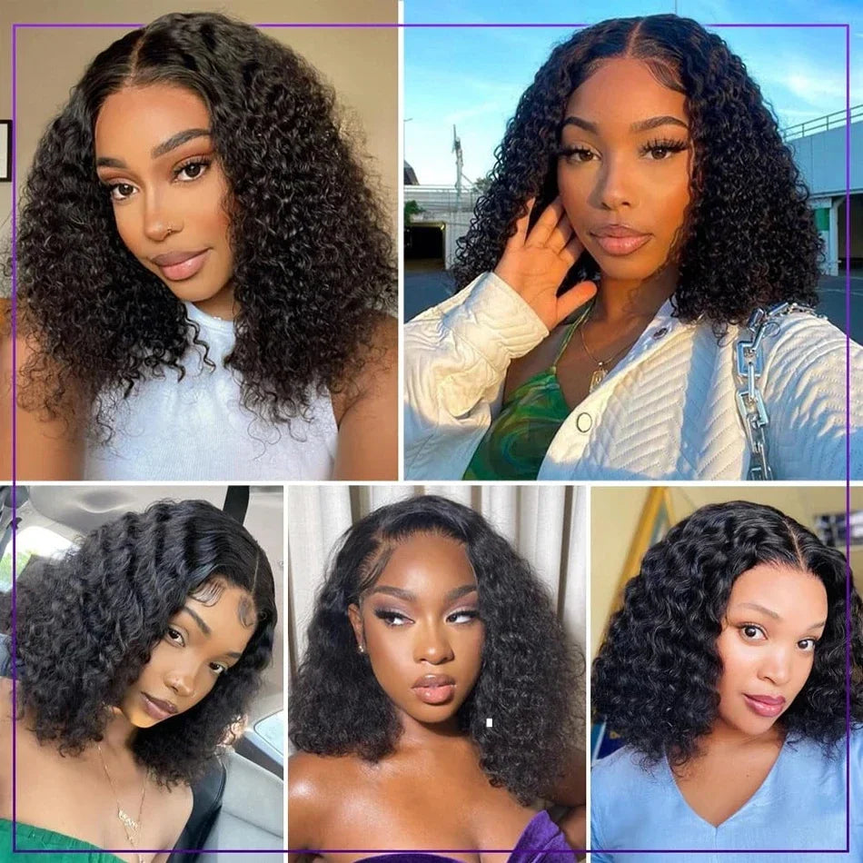 200% Density  Bob Wigs Short Pixie Cut Water Wave Wigs Human Hair Natural Black Brazilian Deep Curly Wigs For Black Woman  ﻿