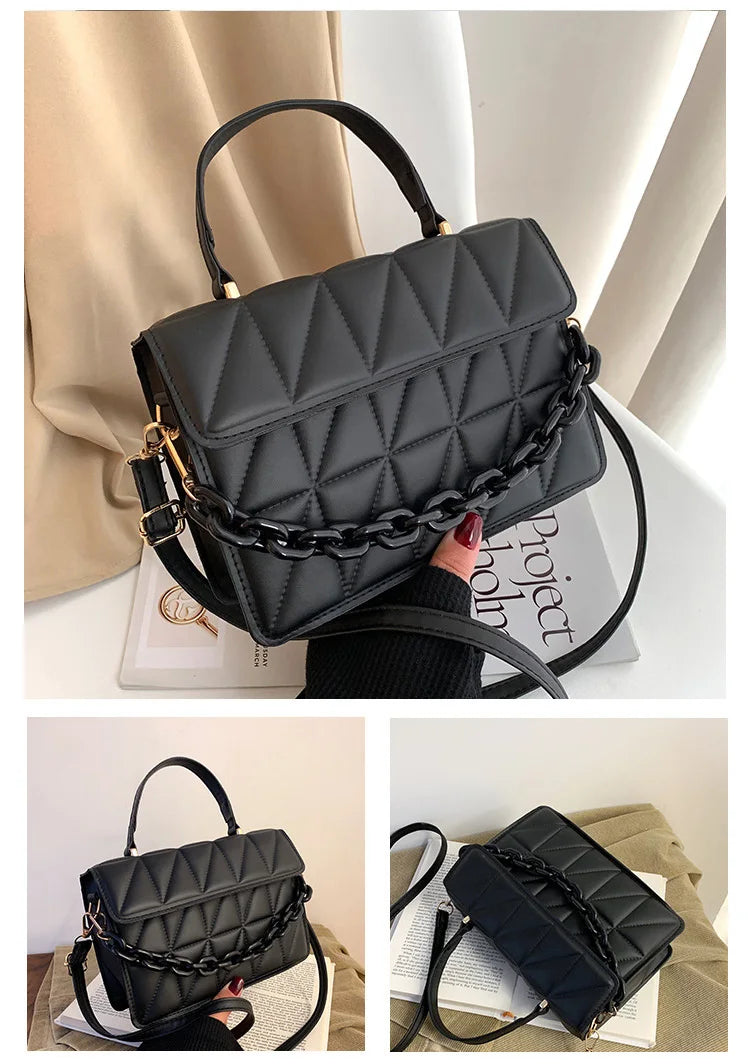 Solid Plaid Crossbody Bags For Women, Chain Decor Fashion Shoulder Bag Ladies Handbag For Daily Used