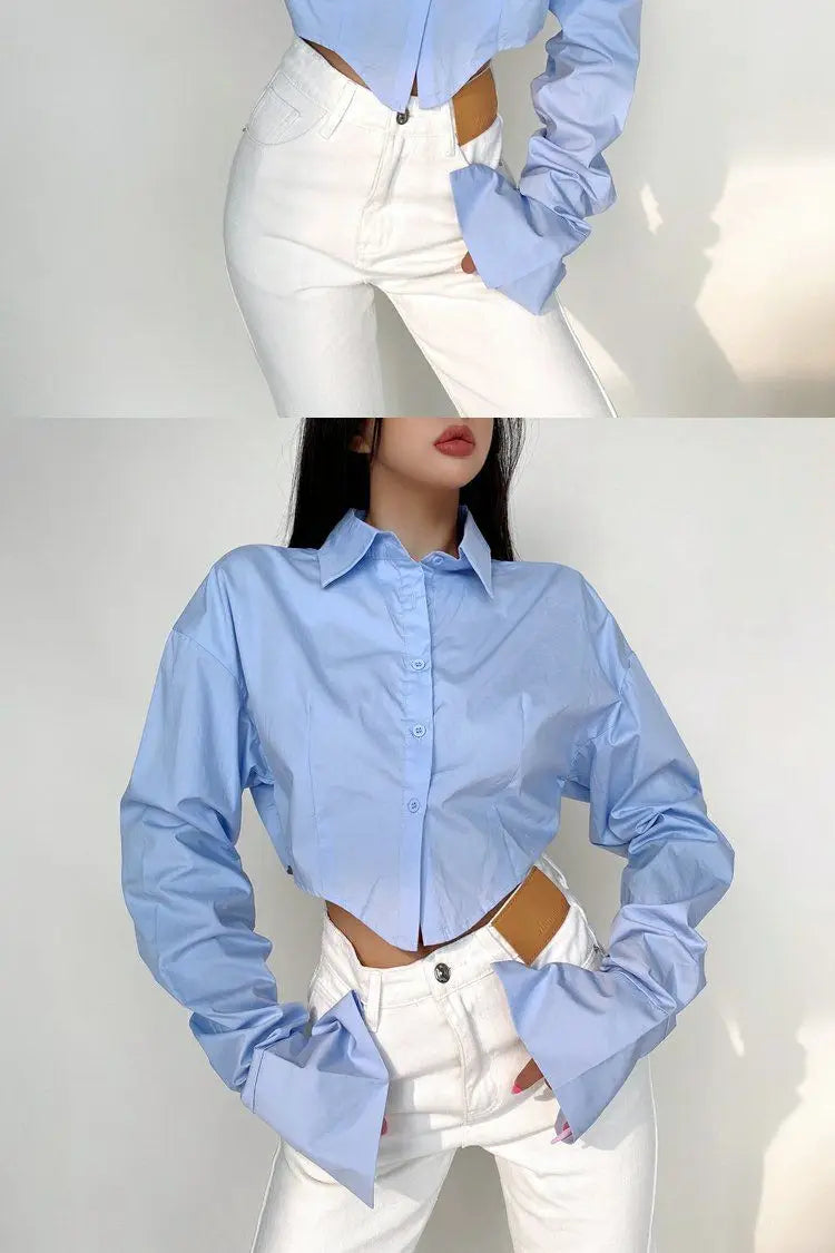 Zadily 2025 Summer Korean Style Long Sleeve White Shirt Women Sexy Button Ladies Crop Tops Blouse Street New In Female Clothing