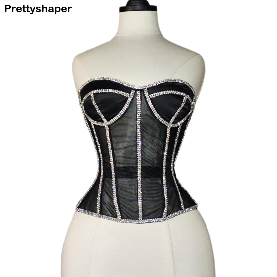Women Abdomen Corset Crops with Bra Shiny Rhinestone Transparent Breathable Mesh Hand Made Bodices Push Up Bustiers Custom Made