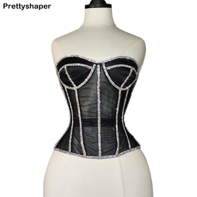 Women Abdomen Corset Crops with Bra Shiny Rhinestone Transparent Breathable Mesh Hand Made Bodices Push Up Bustiers Custom Made