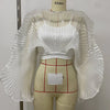 White Pleated Ruffle Crop Top Women Oversized Fan Sleeve Stand Collar Elegant Formal Evening Party Blouse