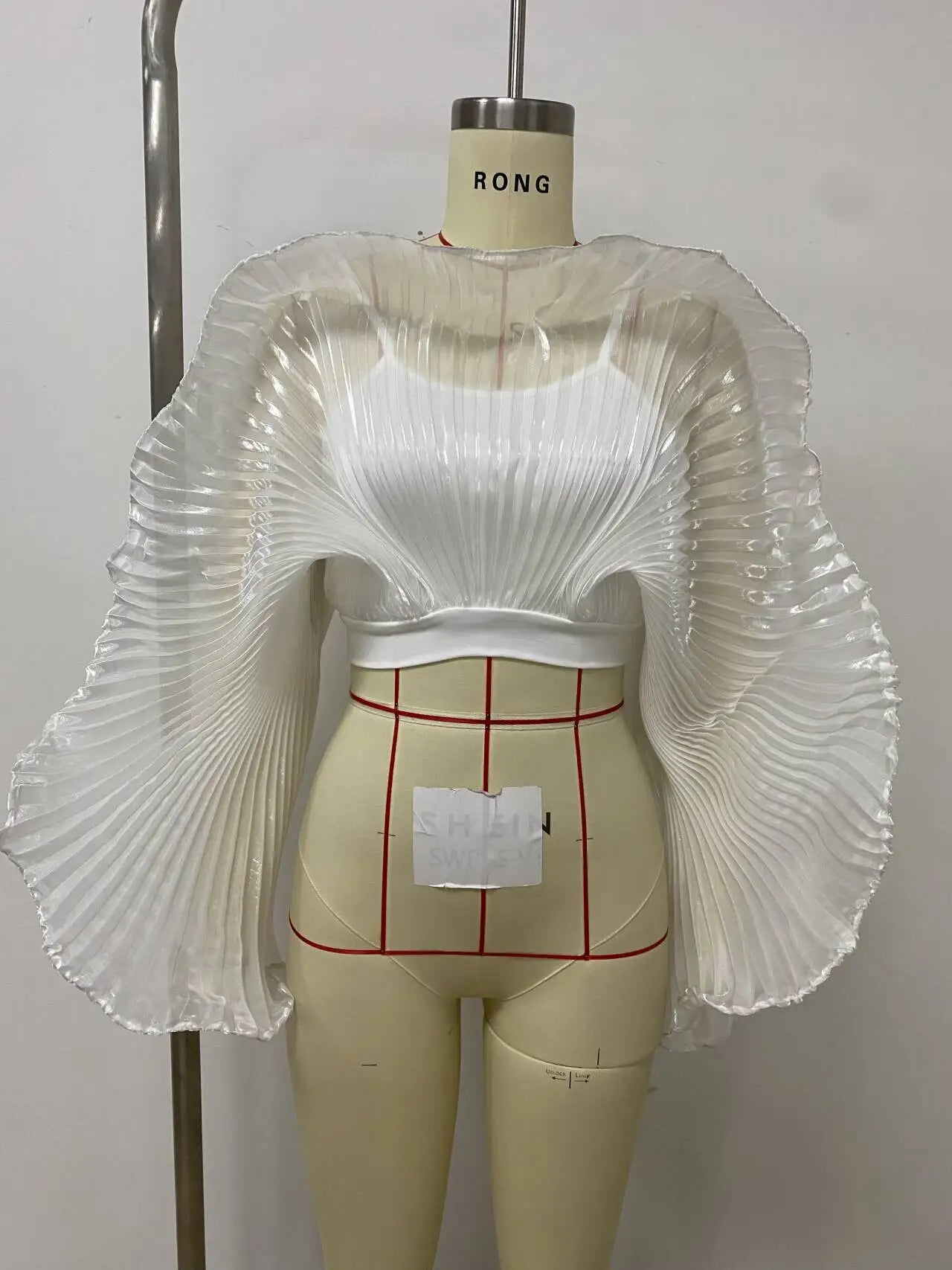 White Pleated Ruffle Crop Top Women Oversized Fan Sleeve Stand Collar Elegant Formal Evening Party Blouse