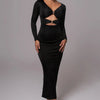 Mozision hollow out long sleeve sexy maxi dress for women fashion solid V neck back split bodycon club long dress elegant