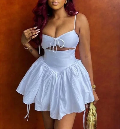Hollow Ruched  Dress Women Square Collar Lace-up Shoulder Strap Backless Sleeveless Ruffles Street Trend Mini Bodycon