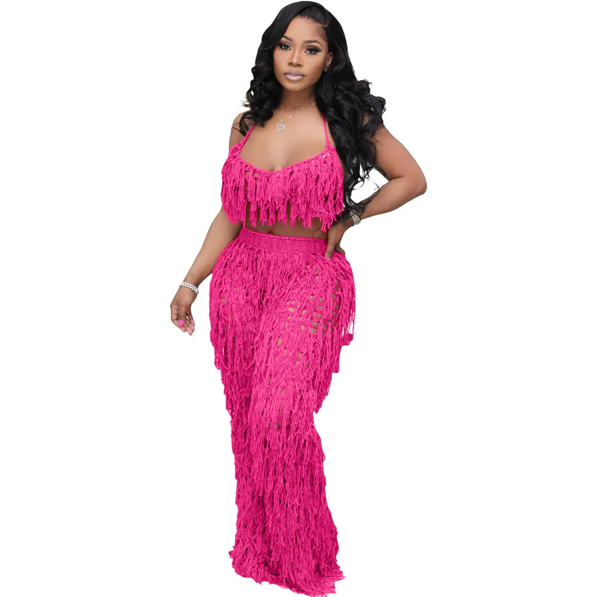FAGADOER Sexy Hollow Out Tassels Pants Two Piece Sets Women Halter Sleeveless Backless Crop Top + Pants Outfit Female Streetwear
