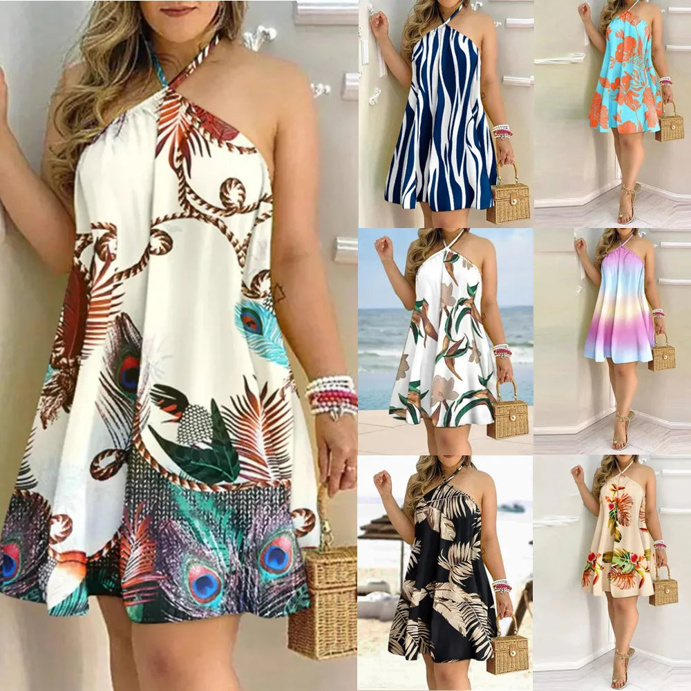 Women's Floral Print Halter Neck Boho Dress Backless Spring Summer Casual Elegant Gown for Party And Wedding