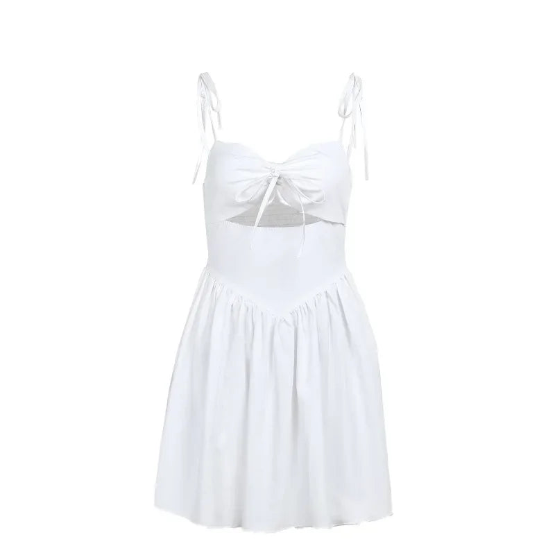 Hollow Ruched  Dress Women Square Collar Lace-up Shoulder Strap Backless Sleeveless Ruffles Street Trend Mini Bodycon