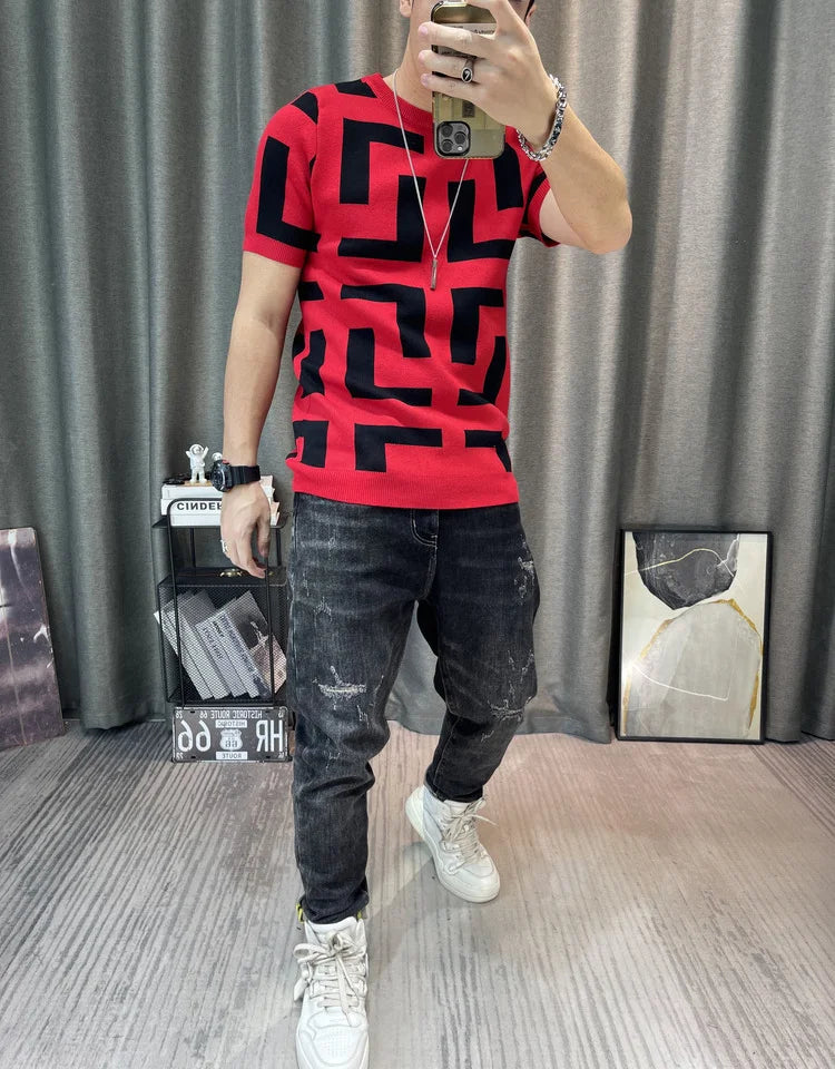 Luxury Men Autumn Knitted Tshirt 2024 Korean O-neck Short Sleeve Top Tees Streetwear Male Social Club Slim Fit Casual T-Shirt