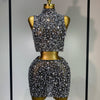 High Quality Sparkling Rhinestone Sexy See Through Blackless Top Skirt Two Pieces Set Woman Luxury Birthday Evening Party Gowns