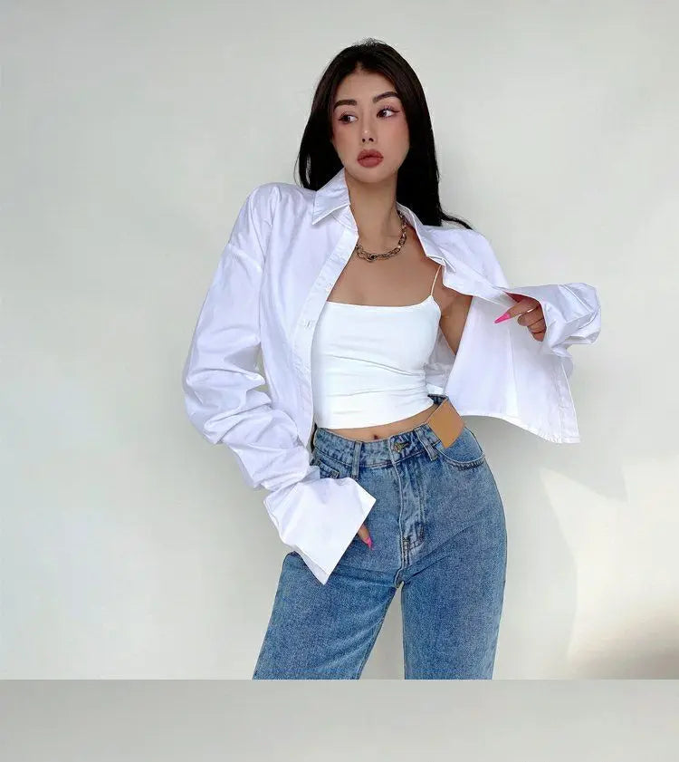 Zadily 2025 Summer Korean Style Long Sleeve White Shirt Women Sexy Button Ladies Crop Tops Blouse Street New In Female Clothing