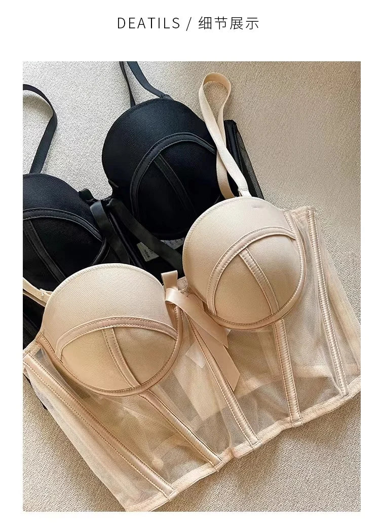 French Ladies Transparent Mesh Corset Sexy Shaper Thin Bra Set Night Club Sweet Cropped Top Girls Hot Bra and Panties Bralette