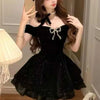Black French Vintage Elegant Design Woman Dress Gothic Off Shoulder Retro Mini Dress Female Fairy Birthday Party Chic Outfits
