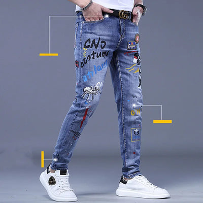 Fashion Printed Jeans Men's Korean Brand Embroidery Badge Pattern Youth Ripped Small Feet Teenagers Cowboy Pencil Pants