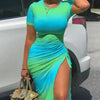 Trendy Printed Slim Midi Dresses Women Fashion Package Hip Bodycon Short Sleeves Drawstring Slit Dress Casual Ladies Streetwear
