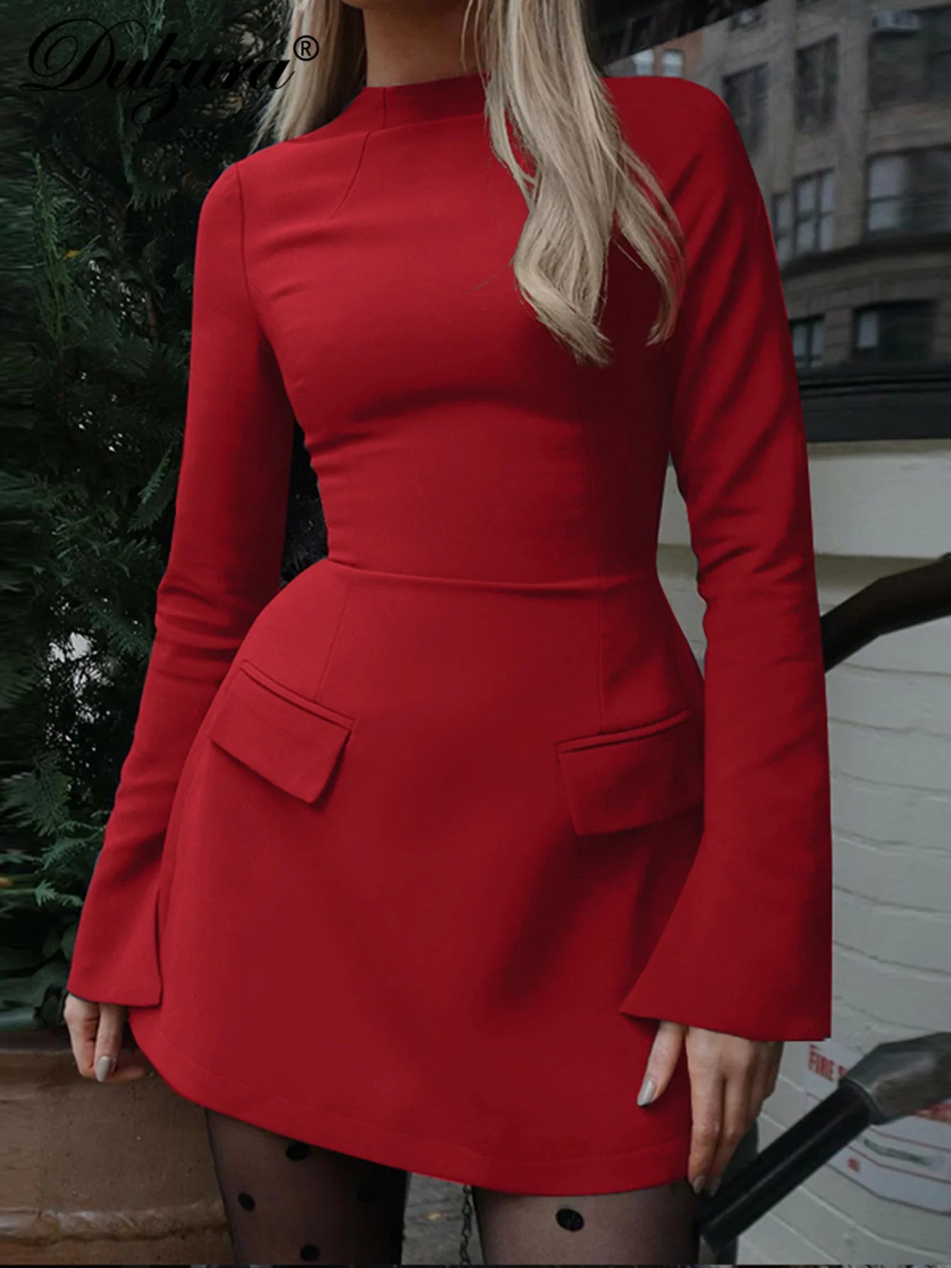 Dulzura Langarm Reißverschluss Bodycon Minikleid mit Taschen Einfarbig Elegantes Outfit Büro Streetwear Damen Herbst Winter Kleidung