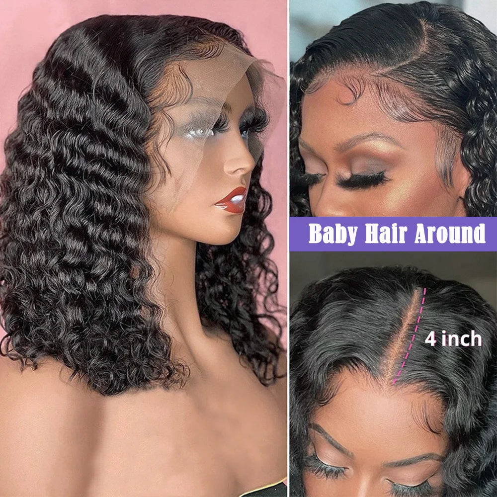 Deep Curly Short Bob Wig Human Hair 180 Density 13x4 Lace Front Wigs for Women Pre Plucked Deep Wave T Lace Wigs Natural Black