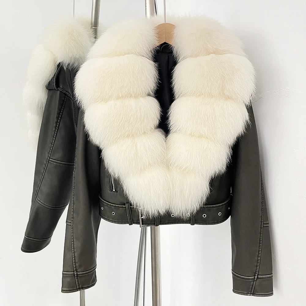 OFTBUY Natural Fox Fur Faux Leather Jacket Female New Autumn Short Top Clothing Women Long Sleeve Fake Leather Real Fur Coat