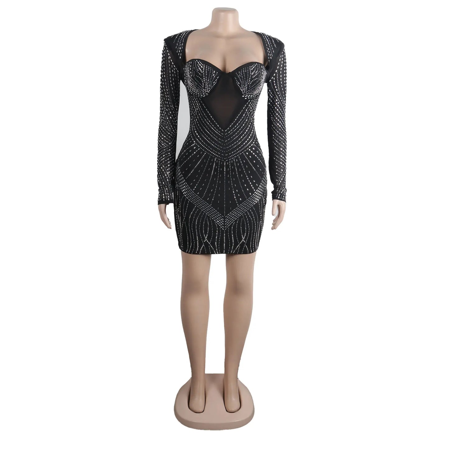 Damen sexy durchsichtiges Mesh-Strass-Dekor Langarm Skinny Partykleid