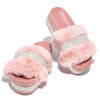 Women Fur Rhinestone Slippers Platform Wedges Without Heel Fluffy Furry Slides Flat Flip Flops Shoes Ladies Shiny Bling