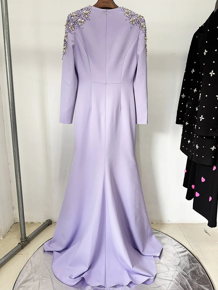 HIGH STREET Newest Fashion 2025 Designer Party Vestido Women's Diamonds Beaded Split Long Maxi Dress