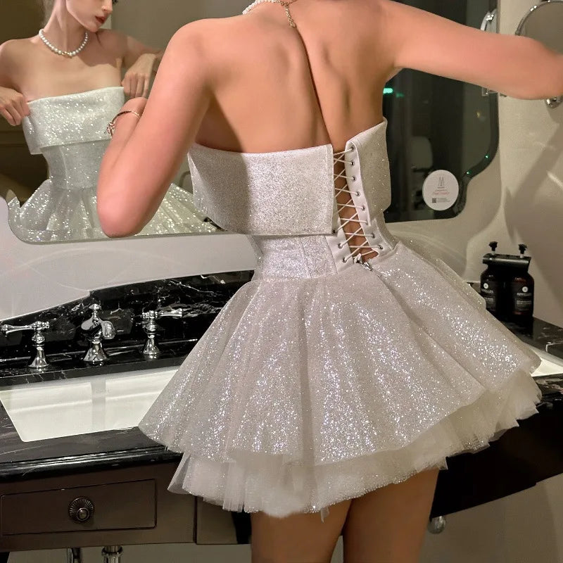 Elegantes trägerloses Korsett-Minikleid schulterfrei glänzende Kleider glitzerndes rückenfreies Roben-Ballkleid Geburtstag Abendparty Cocktail