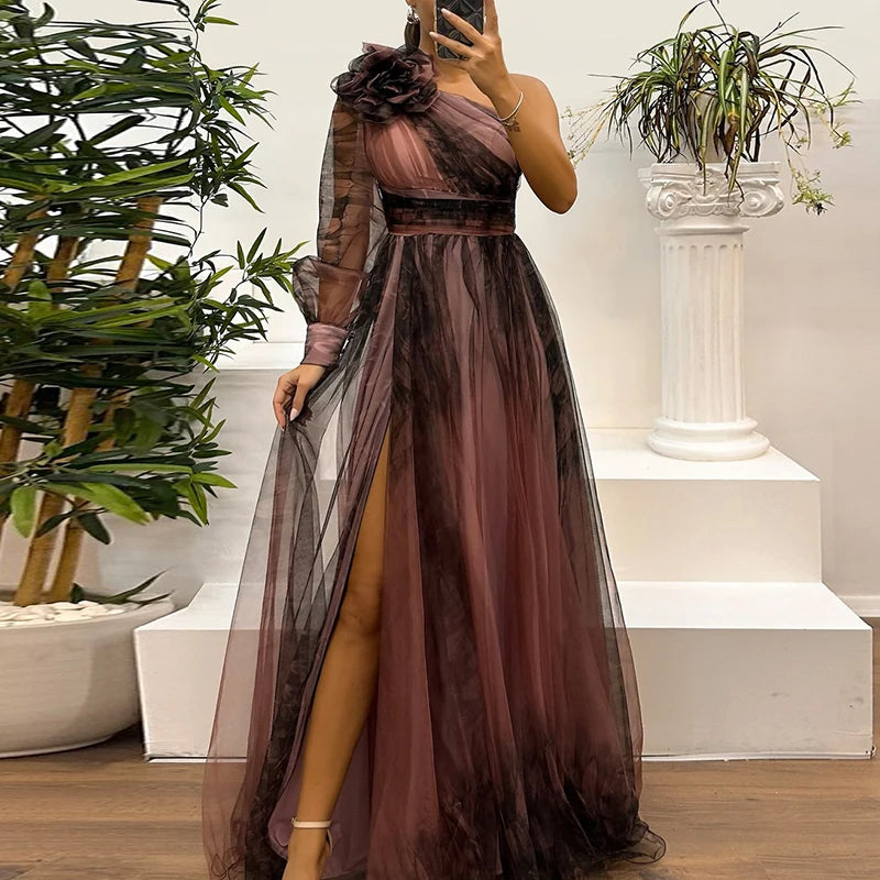 Vintage Blumenmuster Langarm High Waist Langes Kleid Sexy Asymmetrisches Mesh Abendkleid Neu Ein-Schulter-Ärmel Falten Brautjungfernkleid