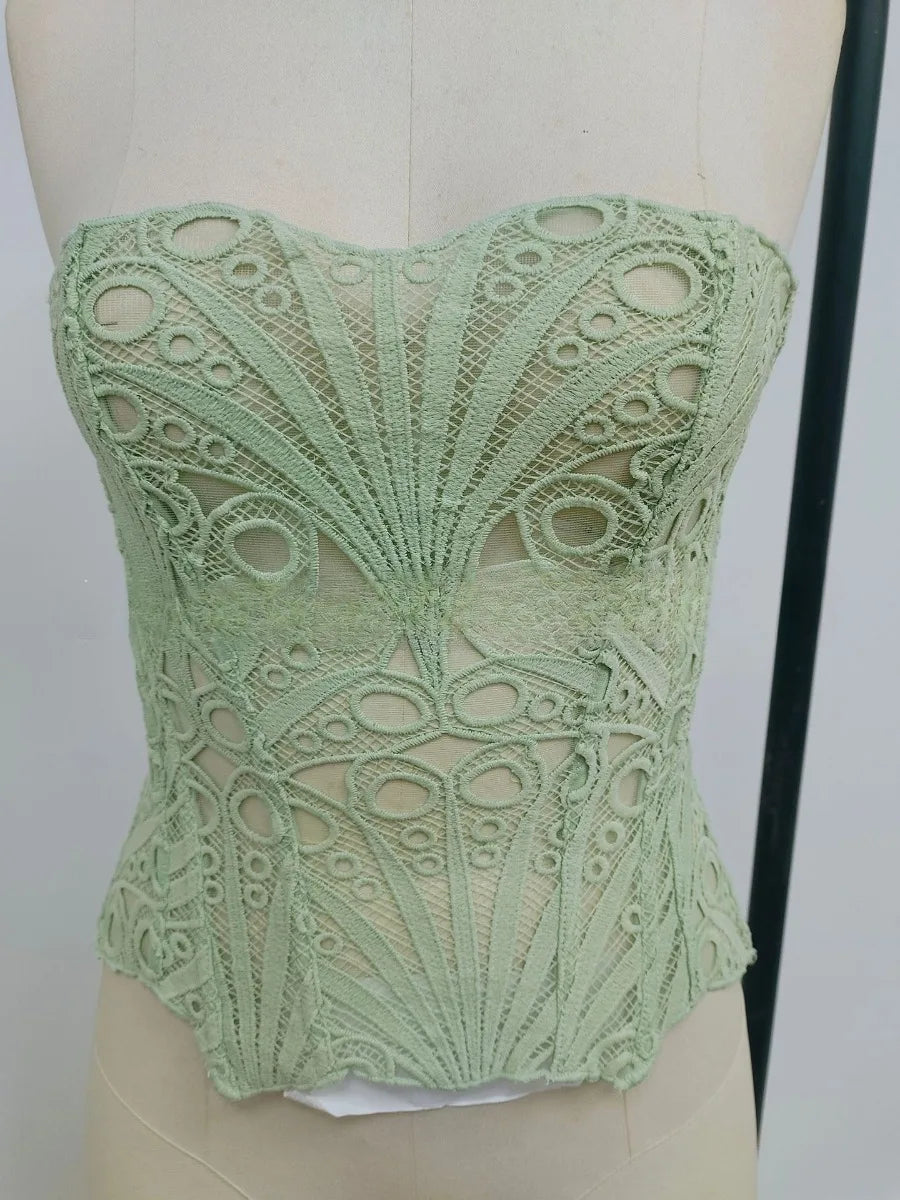 SsTss American Court Corset Sheer Mesh Breathable Corset Sexy Top Hollow Irregular Lace Double Layer Shapewear Chic Camis Top