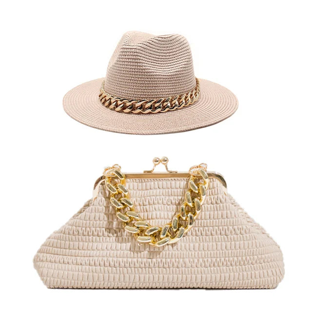 Set Straw Hat and Bag Set Gold Chain Bag Hat Set Ladies Leather Bag Tote Church Fedora Party Jazz Straw Hat