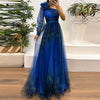 Vintage Blumenmuster Langarm High Waist Langes Kleid Sexy Asymmetrisches Mesh Abendkleid Neu Ein-Schulter-Ärmel Falten Brautjungfernkleid