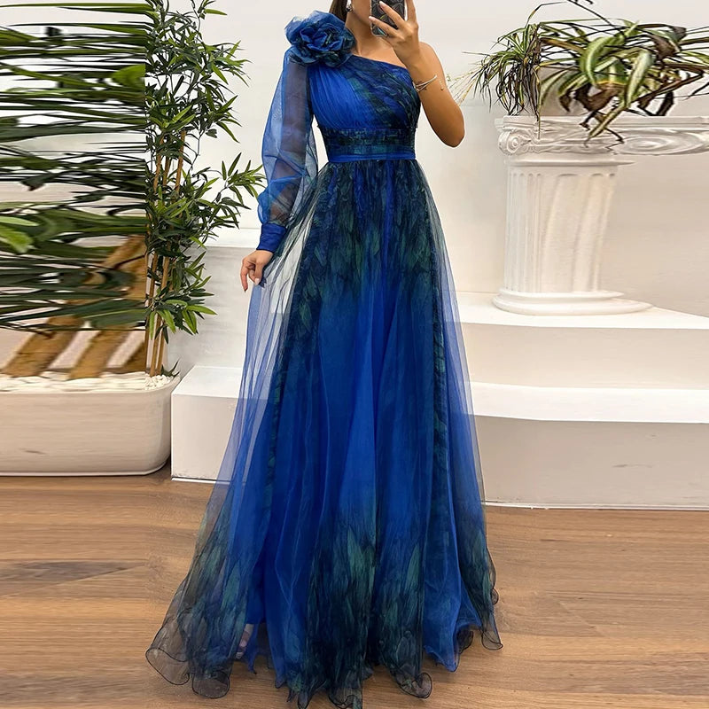 Vintage Blumenmuster Langarm High Waist Langes Kleid Sexy Asymmetrisches Mesh Abendkleid Neu Ein-Schulter-Ärmel Falten Brautjungfernkleid