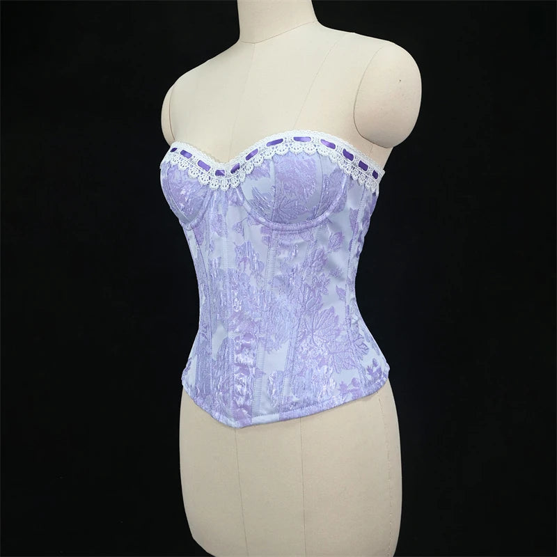 Sexy Women Pink Overbust Corset Crop Top Sweet Lace Patchwork Slim Fit Strapless Bustier Chic Party Summer Clothes Streetwear