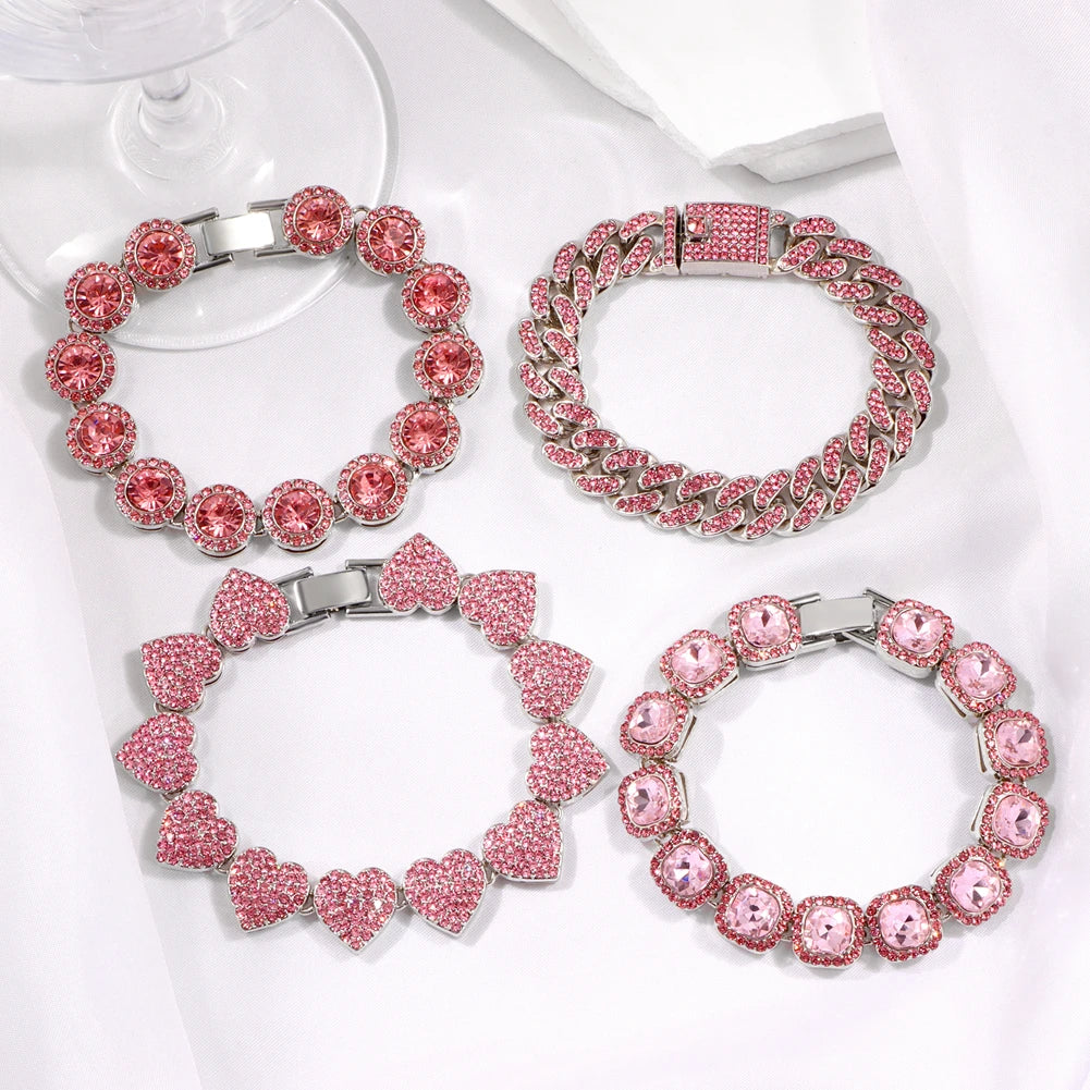 Iced Out Pink Cuban Armband für Frauen Hip Hop Gold Silber Farbe Kristall Herz Kreis Quadrat Armband 4Pcs Set Schmuck Geschenk