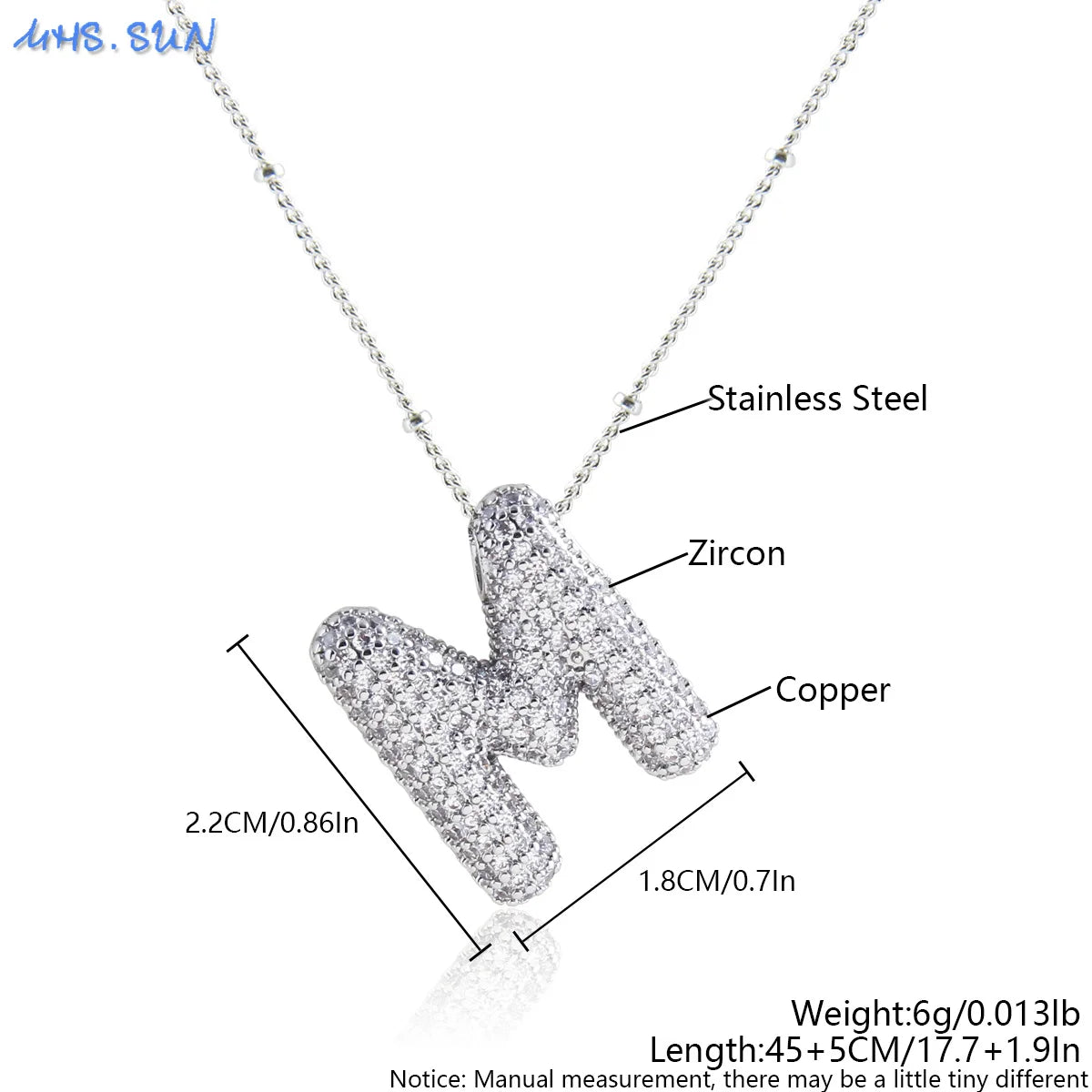 MHS.SUN Hochwertige Bubble Initialenkette Buchstabe A-Z Silberfarbene Zirkon 26 Initialen Ballon Anhänger für Damen Herren Schmuck