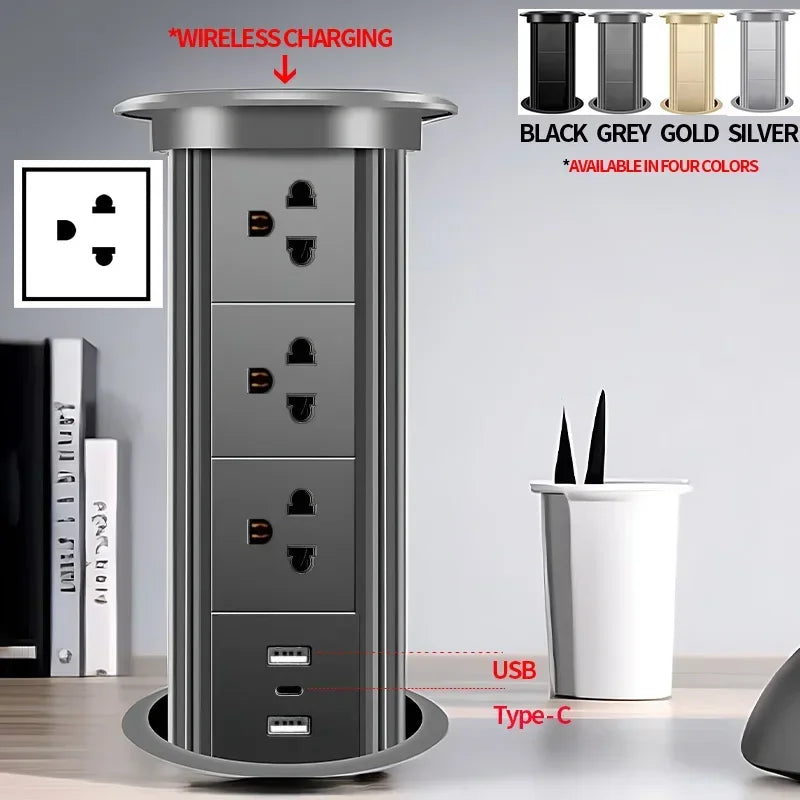 Motorized Lifting Pop Up Tower Power Outlet Hidden Mounted Kitchen Worktop USB Type C Socket with Speaker Wireless Charging