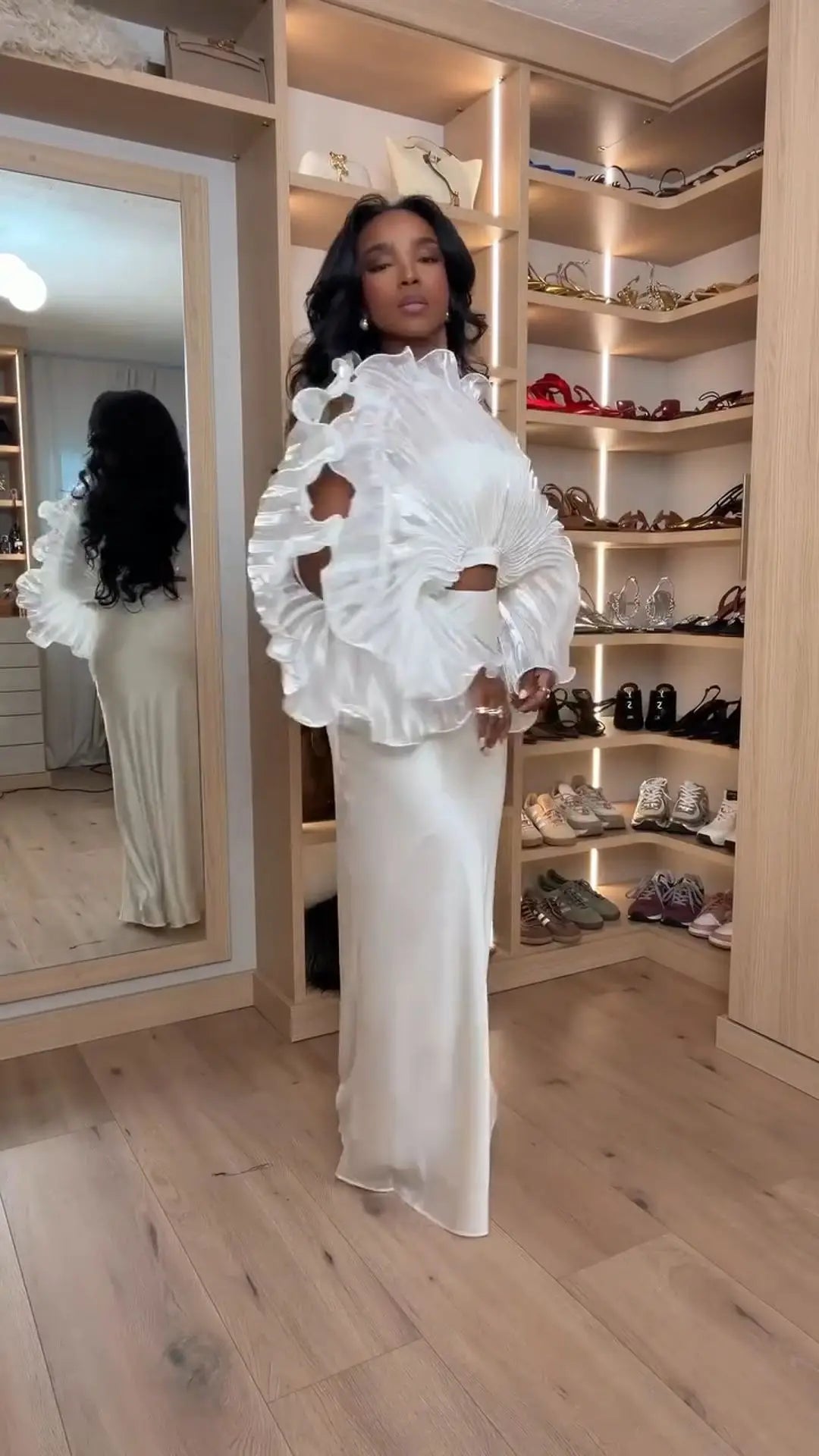 White Pleated Ruffle Crop Top Women Oversized Fan Sleeve Stand Collar Elegant Formal Evening Party Blouse
