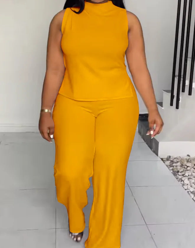 Wmstar Women Two Piece Set Plus Size 3XL 4XL Summer Casual Fashionable Print Sleeveless Shirt Suit Wide Leg Pants Female Outfits