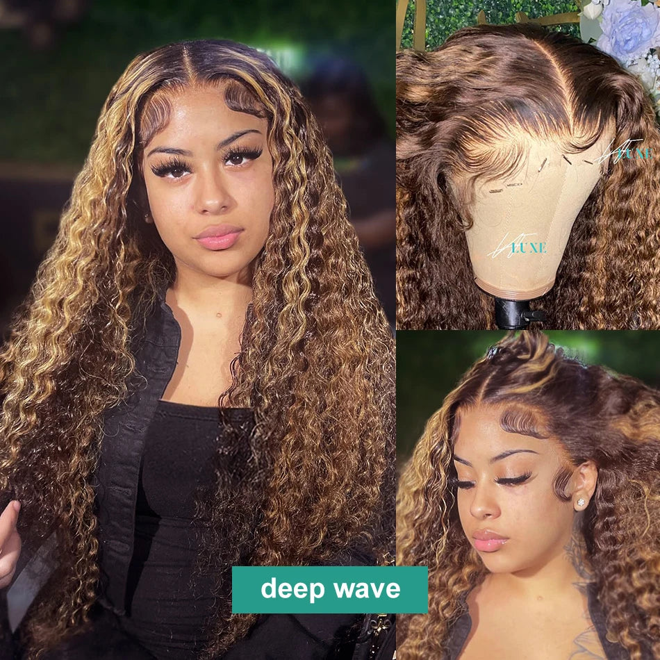 4/27 30 Inch Highlight Honey Brown Curly Lace Front Human Hair Wigs 13x6 Ombre Colored Deep Wave Lace Frontal Wigs Women ﻿