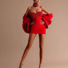 Luxury Red Sparkle Rhinestone Sheath Short Formal Party Dresses With Oversize Bow Cape Sexy Mini Women Birthday Dress