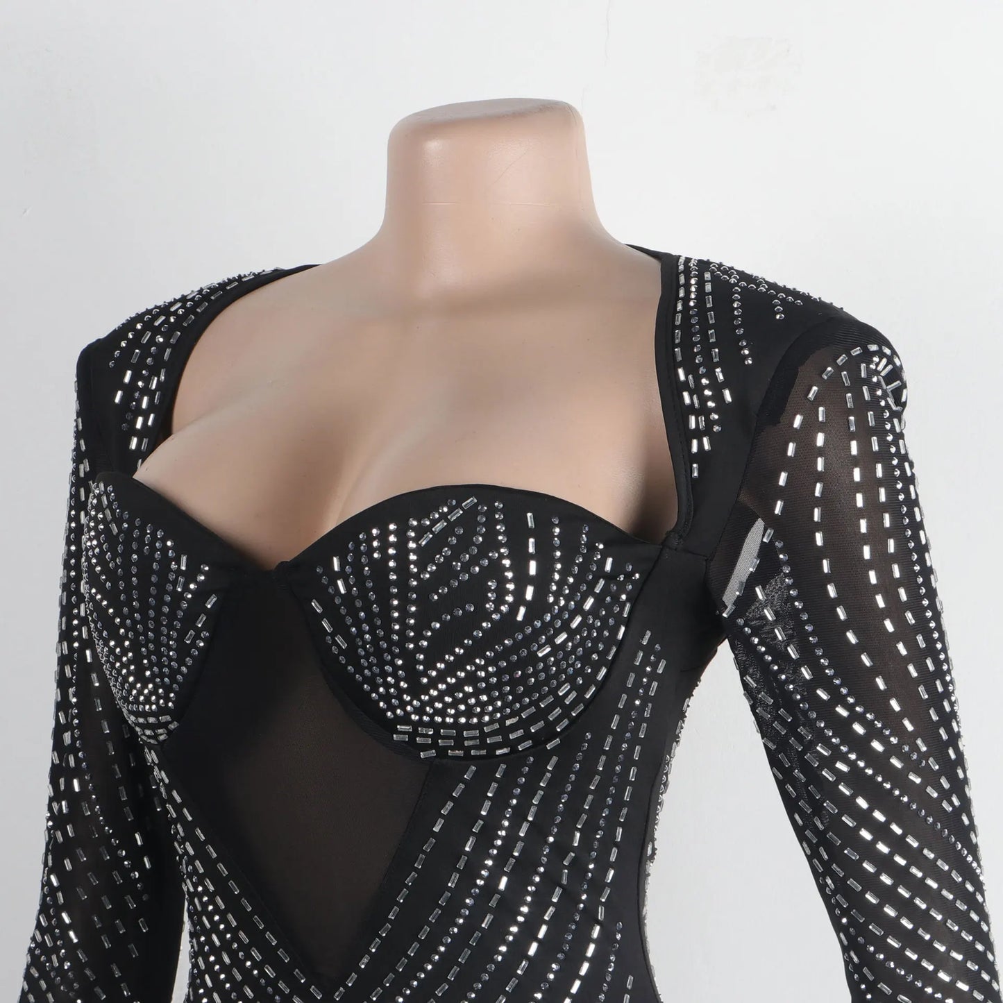 Damen sexy durchsichtiges Mesh-Strass-Dekor Langarm Skinny Partykleid